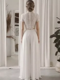 2 pièces tailleur-pantalon robe de mariée civil en mousseline col bijou longueur au sol fermeture éclair manches courtes