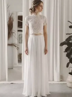2 pièces tailleur-pantalon robe de mariée civil en mousseline col bijou longueur au sol fermeture éclair manches courtes