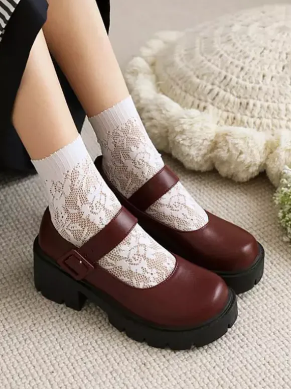 Academic Lolita Footwear Escarpins Lolita à talons épais en cuir PU bordeaux