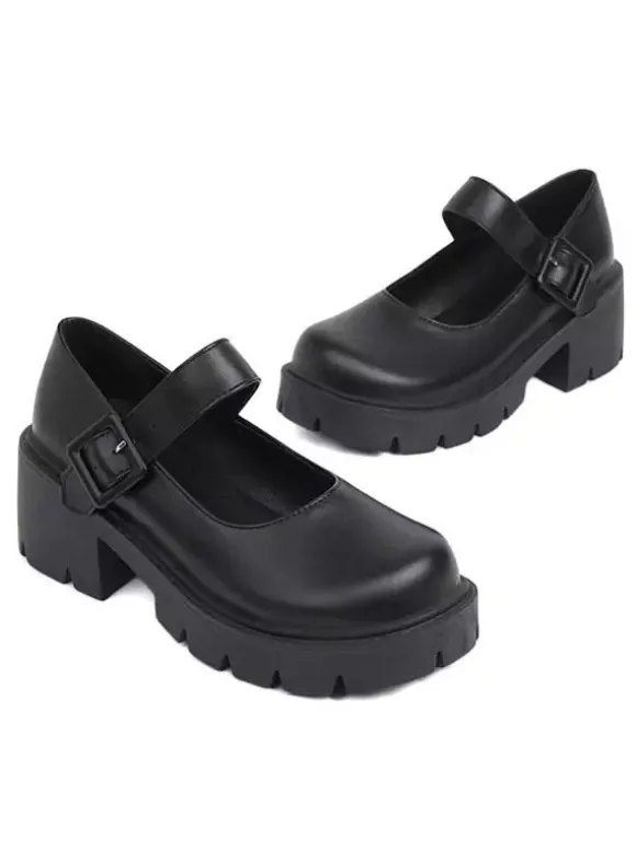 Academic Lolita Footwear Escarpins Lolita à talons épais en cuir PU bordeaux