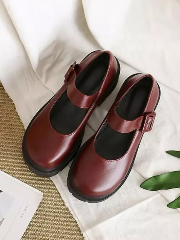 Academic Lolita Footwear Escarpins Lolita à talons épais en cuir PU bordeaux
