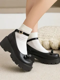 Académie Lolita Chaussures Escarpins en cuir PU à bout rond noir n艙ud