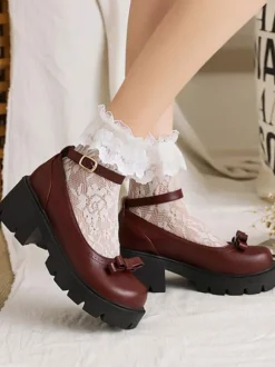 Académie Lolita Chaussures Escarpins en cuir PU à bout rond noir n艙ud