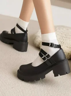Académique Lolita Chaussures Escarpins Lolita en cuir PU à bout rond noir