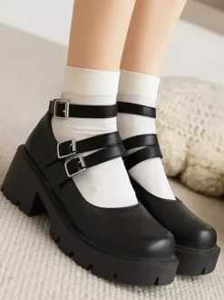 Académique Lolita Chaussures Escarpins Lolita en cuir PU à bout rond noir
