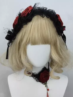 Accessoires gothiques Lolita Volants bordeaux Roses Bloc de couleurs Coiffes Divers