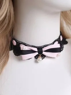 Accessoires gothiques Lolita ras du cou en dentelle à volants noirs et perles colorées