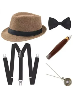 Années 1920 Hommes Gatsby Gangster Accessoires 5 Pièces Ensemble Panama Chapeau Jarretelles Noeud Papillon