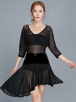 Attrayant costume de danse latine en lycra elasthanne noir unicolore Robe Déguisements Halloween