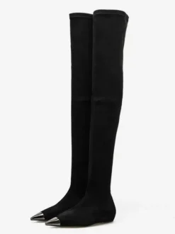Au-dessus du genou Bottes en daim noir bout pointu plat Cuissardes pour les femmes