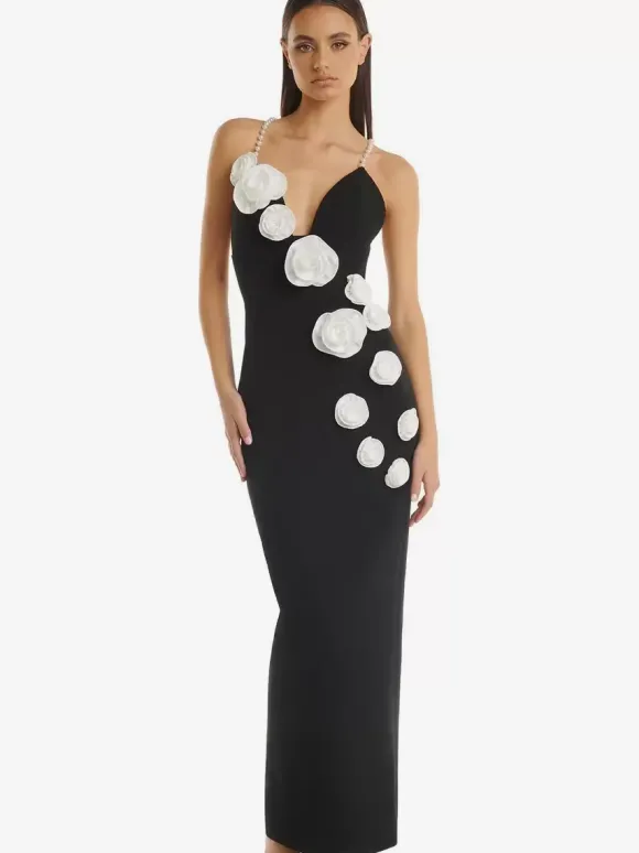 Avec robe de cocktail moderne longueur cheville robe de bal col en V fleurs polyester