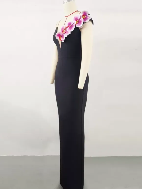 Avec robe de cocktail robe de bal moderne longueur au sol col en V fleurs polyester