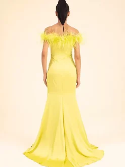 Avec robe de cocktail Jolie sirène avec traîne Col bateau Plumes Soie élastique comme du satin