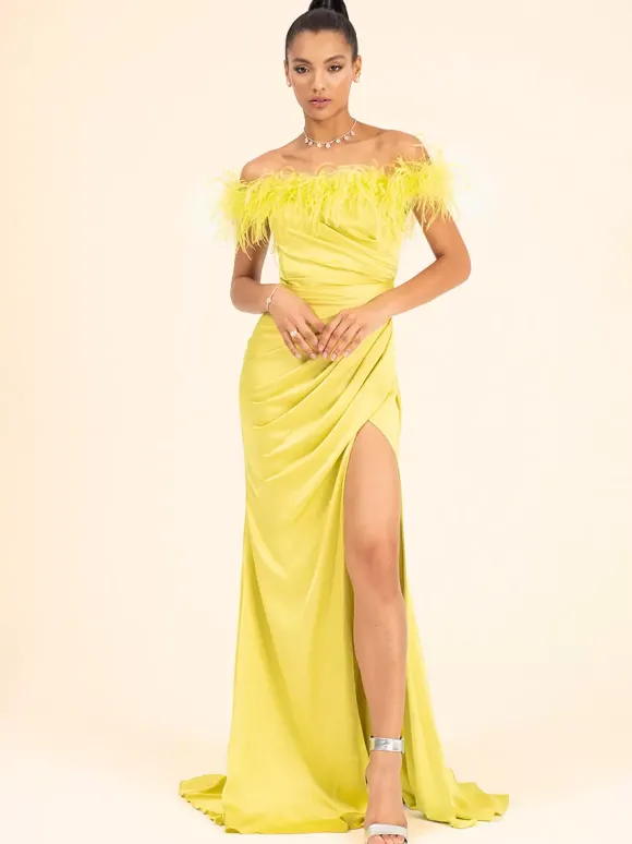 Avec robe de cocktail Jolie sirène avec traîne Col bateau Plumes Soie élastique comme du satin
