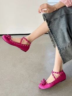 Ballerines femmes avec rivet n艙ud à bout rond n艙ud croisé en satin