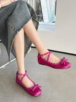 Ballerines femmes avec rivet n艙ud à bout rond n艙ud croisé en satin