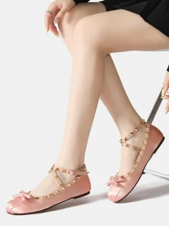 Ballerines femmes avec rivet n艙ud à bout rond n艙ud croisé en satin