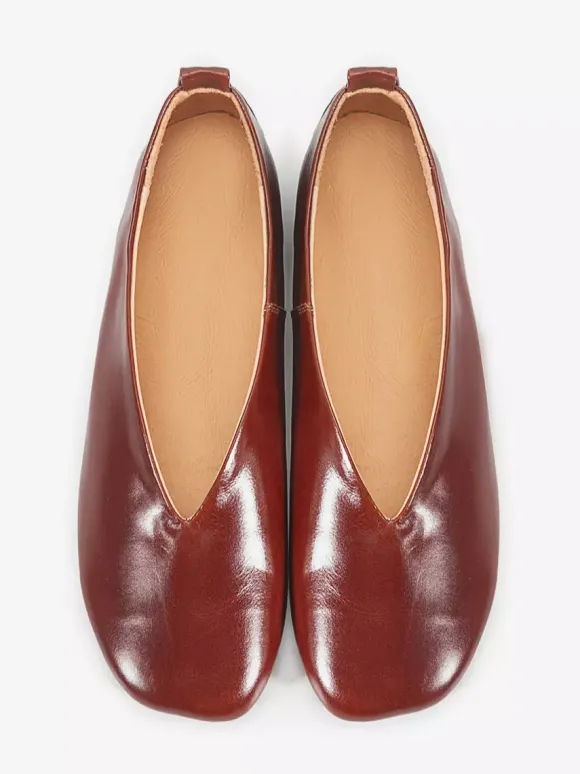 Ballerines pour femmes en cuir véritable bout carré chaussures à enfiler