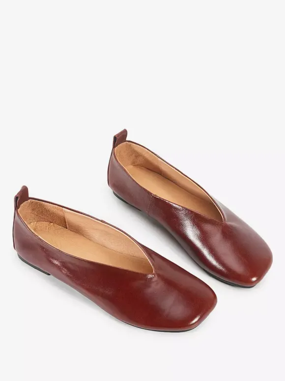 Ballerines pour femmes en cuir véritable bout carré chaussures à enfiler