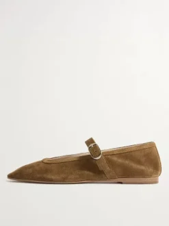 Ballerines en daim kaki à bout carré Mary Jane