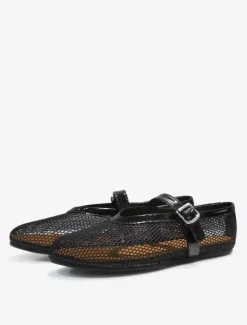 Ballerines Femmes Mary Jane Chaussures Plates Noires À Bout Rond En Maille À Boucle