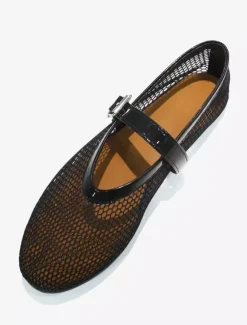 Ballerines Femmes Mary Jane Chaussures Plates Noires À Bout Rond En Maille À Boucle