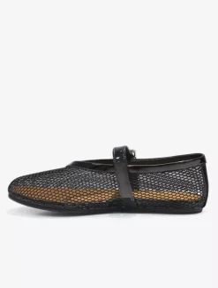 Ballerines Femmes Mary Jane Chaussures Plates Noires À Bout Rond En Maille À Boucle