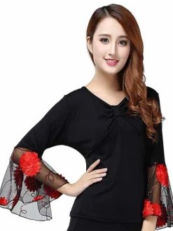 Ballroom Dance Costume Top Femmes Long Sleeve V Neck T Shirt Top Déguisements Halloween