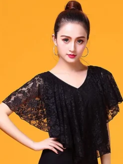 Ballroom Dance Costume Dentelle Poncho Top Noir Femmes V Cou Formation Danse Vêtements Déguisements Halloween
