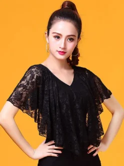 Ballroom Dance Costume Dentelle Poncho Top Noir Femmes V Cou Formation Danse Vêtements Déguisements Halloween