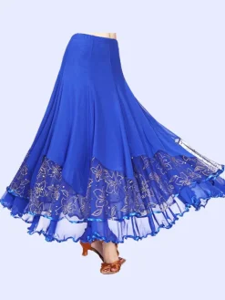 Ballroom Dance Costume Jupe Royal Blue Femmes Floral Formation Dancing Bottoms Déguisements Halloween