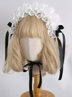 Bandeau Coiffe Sweet Lolita Accessoires Noir Blanc Volants N艙uds Dentelle Chapeaux
