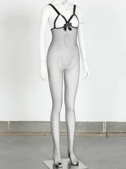 Bas autofixant en nylon noir clair avec noeud en mailles