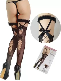Bas Autofixants Collants Femme Creusant Elastique Unicolore avec Noeud Lingerie Sexy