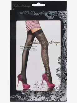 Bas autofixant en nylon gris avec dentelle et dentelle
