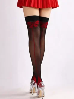 Bas cuissardes sexy noirs transparents à n艙ud rouge