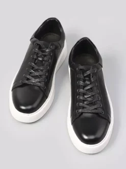 Baskets noires pour hommes en cuir véritable bout rond à lacets chaussures décontractées