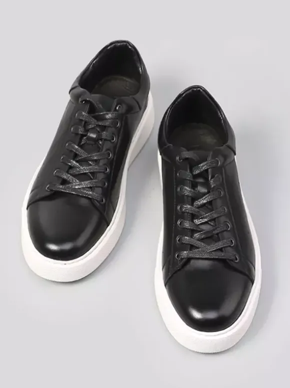 Baskets noires pour hommes en cuir véritable bout rond à lacets chaussures décontractées
