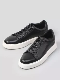 Baskets noires pour hommes en cuir véritable bout rond à lacets chaussures décontractées