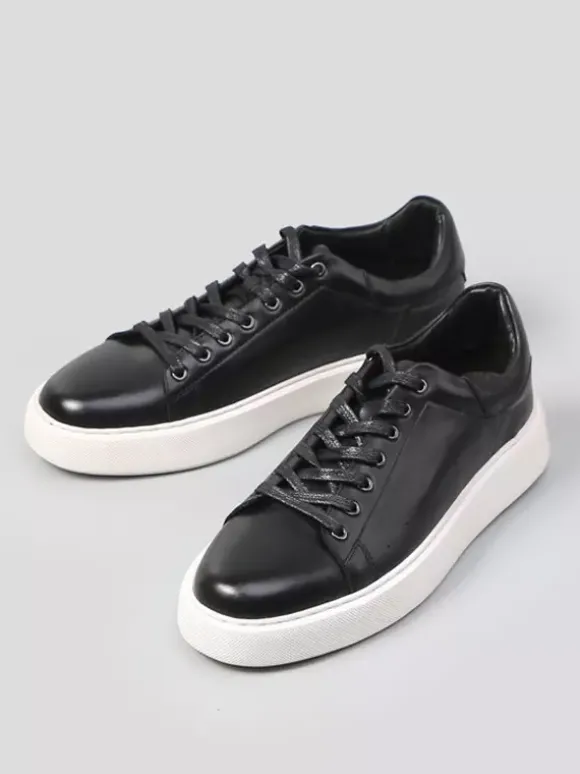Baskets noires pour hommes en cuir véritable bout rond à lacets chaussures décontractées