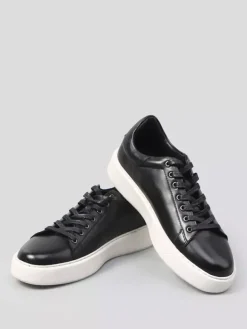 Baskets noires pour hommes en cuir véritable bout rond à lacets chaussures décontractées