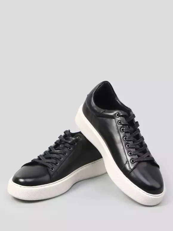 Baskets noires pour hommes en cuir véritable bout rond à lacets chaussures décontractées