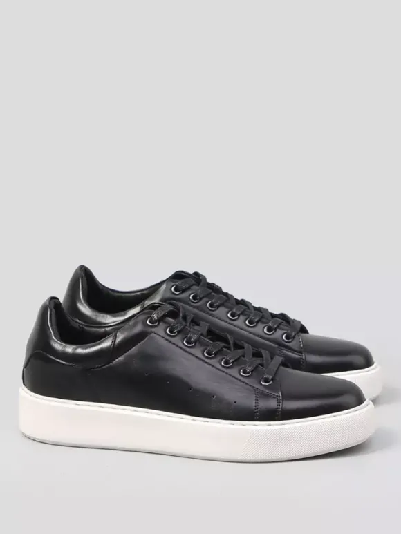 Baskets noires pour hommes en cuir véritable bout rond à lacets chaussures décontractées