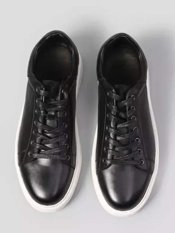 Baskets noires pour hommes en cuir véritable bout rond à lacets chaussures décontractées