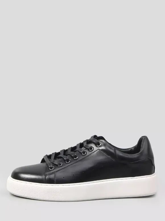 Baskets noires pour hommes en cuir véritable bout rond à lacets chaussures décontractées