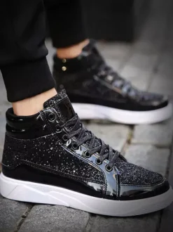 Baskets montantes dorées à paillettes bout rond style skate pour hommes