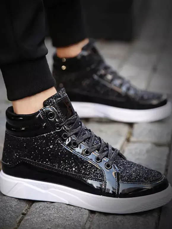 Baskets montantes dorées à paillettes bout rond style skate pour hommes