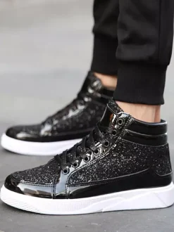 Baskets montantes dorées à paillettes bout rond style skate pour hommes