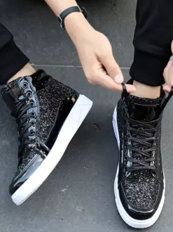 Baskets montantes dorées à paillettes bout rond style skate pour hommes