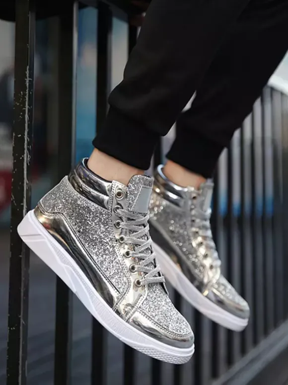 Baskets montantes dorées à paillettes bout rond style skate pour hommes